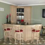 This Bar is sprayed with our taupe lacquer and brushed with our antique bisque glaze.  It features granite countertops, raised panel doors and panels, fluted columns, and matching bar stools. 